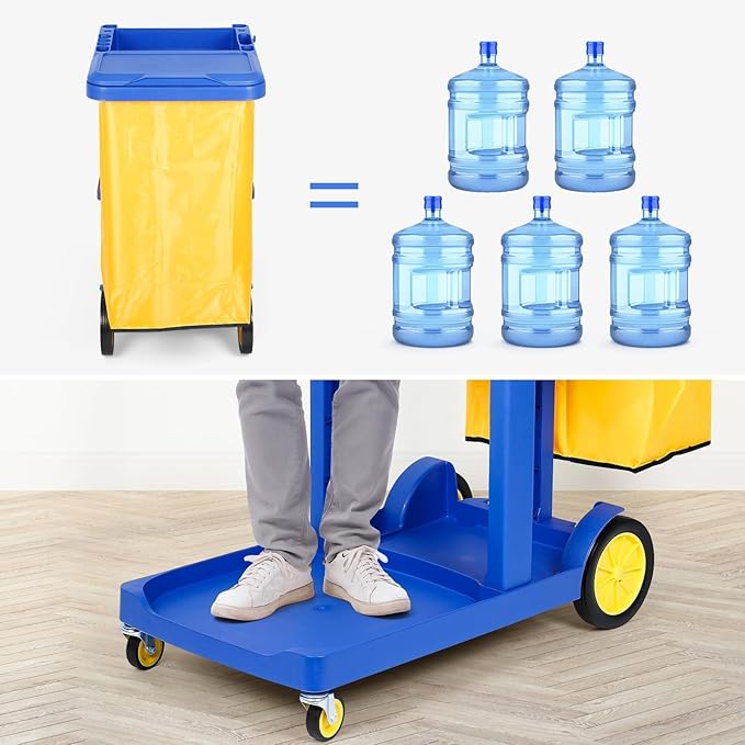 tonchean Commercial Janitorial Cart, 3-Shelf Housekeeping Cart with 22 Gallon Vinyl Bag & Cover, Large Capacity Janitorial Carts on Wheels for Hotels, Stores, Schools, Offices