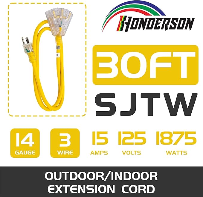 3-Outlets Indoor Outdoor Extension Cord Weatherproof with Lighted End, UL Listed, 14 Gauge 30FT Yellow 3 Prong Heavy Duty, 14/3 SJTW 15A Extension Cord