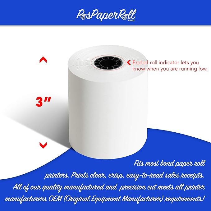 3" x 150' 1-Ply Bond Paper (50 rolls/case) Kitchen Printer Receipt Paper