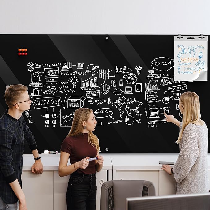 MaxGear Glass Whiteboard 96x48 Inches Wall Mounted, Magnetic Black Dry Erase Board with 1 Eraser, 1 Accessory Tray, 4 Markers and 6 Magnets, Extra Large Frameless White Board for Office, School, Home