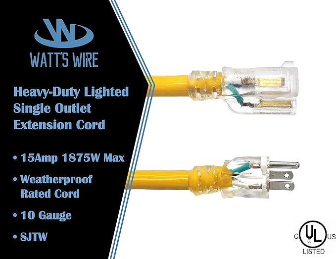25 ft 10 Gauge Extension Cord - Outdoor Extension Cord Waterproof - Heavy Duty Outdoor Extension Cords 25 ft - Watts Wire - 25' Grounded - extensiones electricas