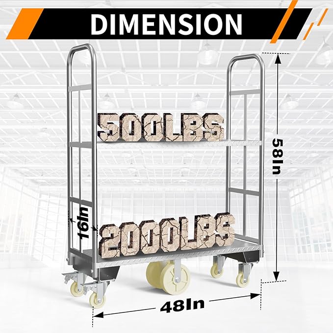 Two Tier U-Boat Platform Truck Cart, 16 x 48Inch Narrow Aisle Flatbed Truck w/6PCS Wheel Caster 2500LBS Weight Capacity Heavy Duty Platform Dolly with Removable Handles for Warehouse, Storage Room