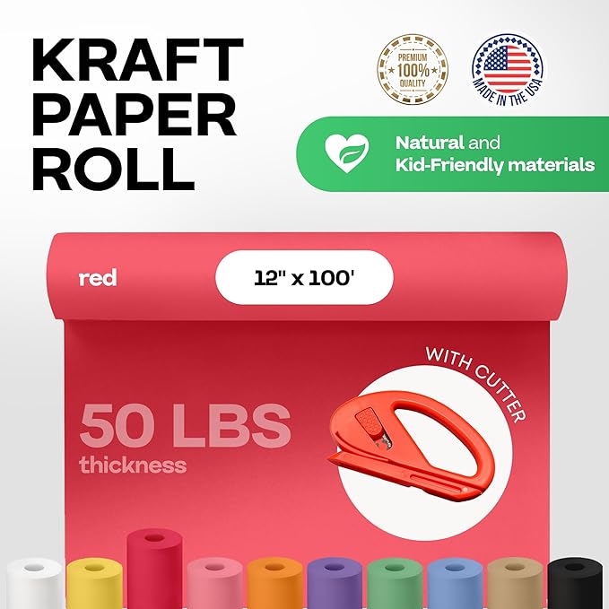 Christmas Red Kraft Paper Roll 12" x 1200" (100 feet) with Cutter - USA-Made Wrapping Paper for Packing, Moving, Shipping & Crafts/Arts - 100% Recyclable Natural Craft Material by IDL Packaging