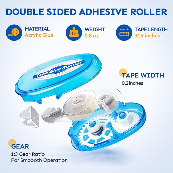 4 Pack Double Sided Tape Roller, 8mm x 315 Inch Permanent Adhesive Scrapbook Tape Dispenser Runner, Glue Tape Roller for Scrapbooking, Crafts and Arts Projects, Photo-Safe, Smooth & Clean
