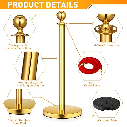 8 Pack Upgraded Stainless Steel Stanchions and Velvet Ropes 5FT Extended Red Carpet Ropes Poles Crowd Control Safety Barriers Set with Stable Base for Theaters Parties Wedding Exhibition (Gold)