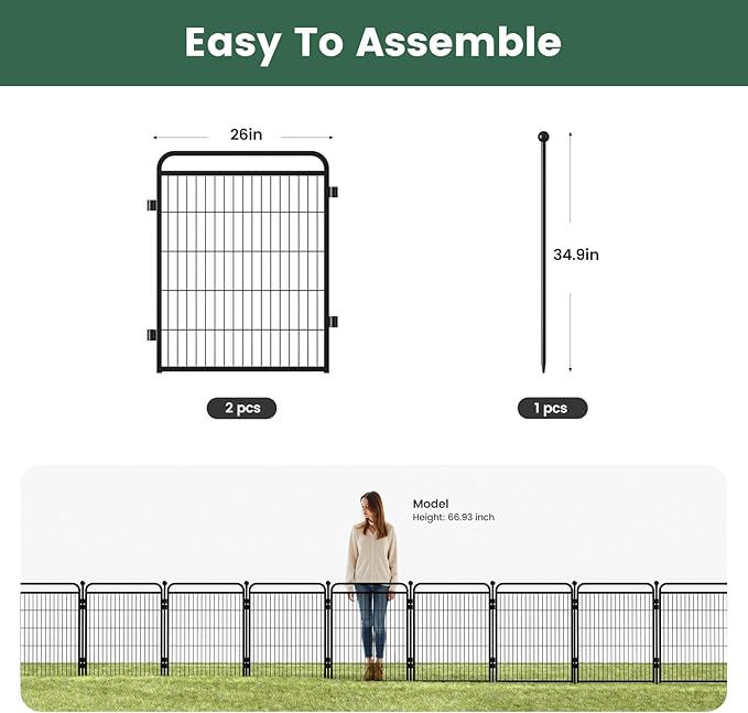 Decorative Garden Fence 32in(H) x52in(L), Thicken 2 Panels Metal No Dig Outdoor Dog Fence for Yard,Heavy Duty Animal Barrier for Dog and Rabbit, Garden Border Fence, Black