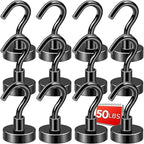 DIYMAG Black Magnetic Hooks, 50 LB Heavy Duty Strong Magnets with Hook, Rare Earth Neodymium Magnet for Cruise Cabins Ship Essentials 12 Packs
