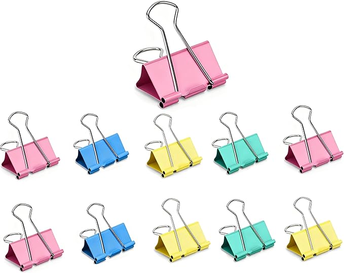 10 Pack Jumbo Binder Clips 3 Inch (75mm), Extra Large Binder Clips in Pink, Blue, Yellow and Green, Assorted Colors for Office, School, and Home Organization