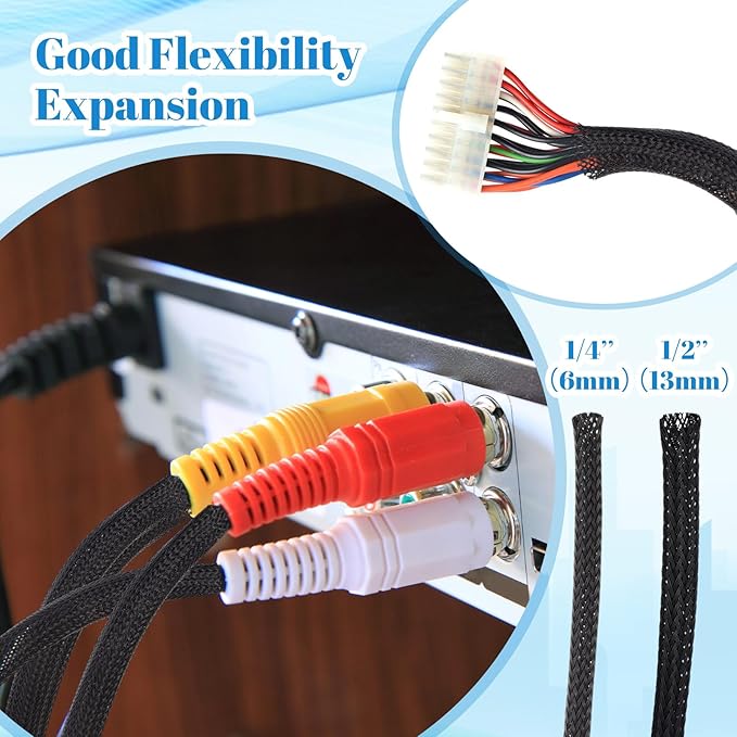 Pangda 300 Feet 1/4, 1/2 Inches Wire Loom PET Expandable Braided Sleeving Braided Sleeve for TV, Computer, Home Theater (Black)