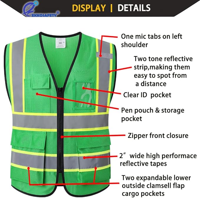 Reflective Mesh Safety Vest for Men Women with 5 Pockets and Zipper Front High Visibility Mesh Vest Hi Vis Construction Work Vest,Meets ANSI/ISEA Standards(EK175-Green-3XL)