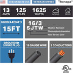 15 Ft Black Outdoor Extension Cord - 16/3 SJTW Weatherproof Water Resistant Electrical Cable with 3 Prong Grounded Plug for Indoor & Outdoor,