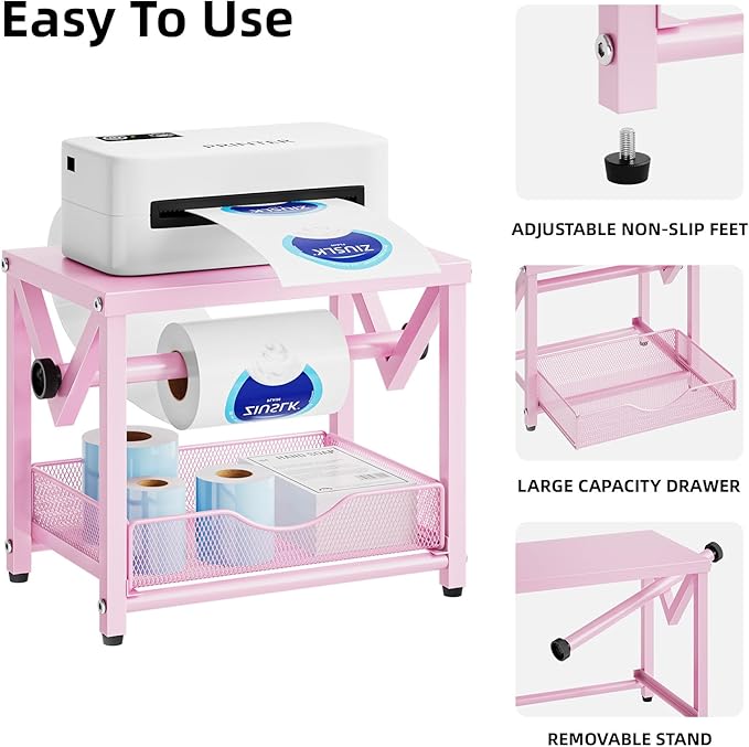 Marbrasse Label Holder for Rolls and Fanfold Labels, Metal Thermal Label Printer Holder with Drawer, Shipping Label Stand,Sticker Roll Holder for Home, Office, Small Business,Pink
