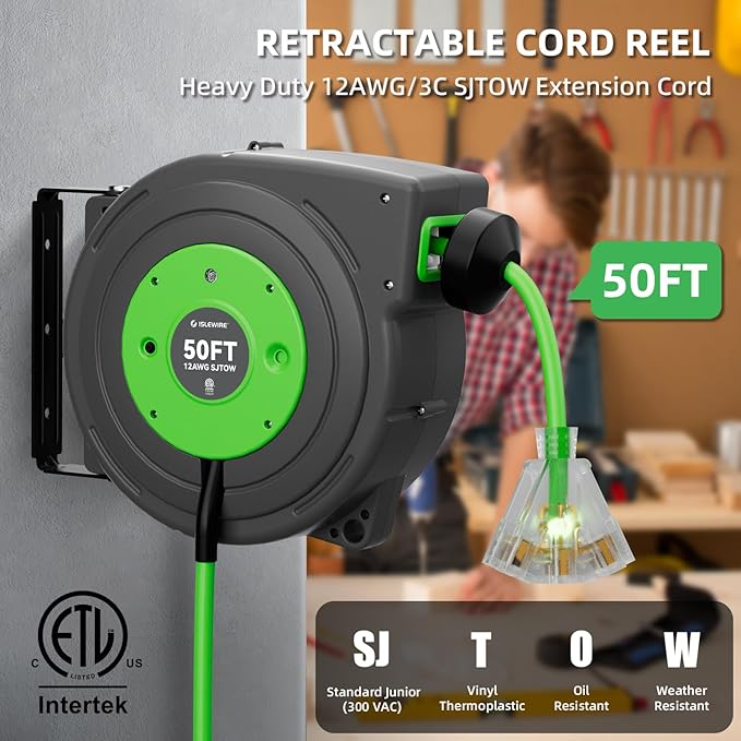 50 FT Retractable Extension Cord Reel, Heavy Duty 12AWG/3C SJTOW Power Cord, Lighted Triple Tap, 15A Circuit Breaker, Wall/Ceiling Mount Electric Cord Reel for Garage & Workshop, ETL Listed, Green