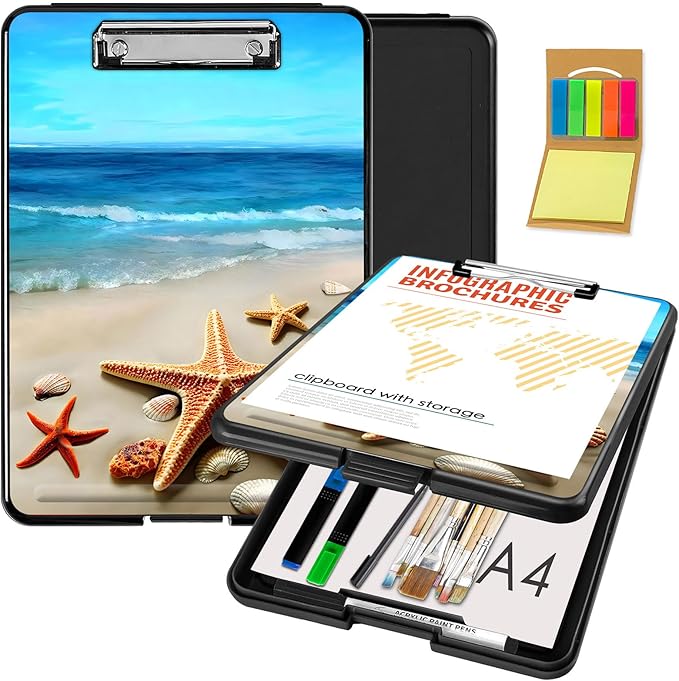 Clipboard with Storage,Office Supplies Nursing Clipboards Folder with Pen Holder Plastic Foldable Clip Board with Storage for Nurse Teacher,Beach Starfish