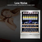 Tylza Wine and Beverage Refrigerator, 24 Inch Dual Zone Wine Fridge Built-in or Freestanding, Holds 100 Cans and 30 Bottles, Under Counter Wine Cellar with Double-Layer Glass Door, LED Light, Lock