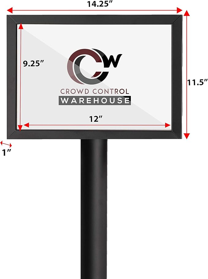 Crowd Control Warehouse Pedestal Standing Floor Sign Frame with Sloped Base, 11 x 14 Inch Horizontal, Black Powder Coated Steel
