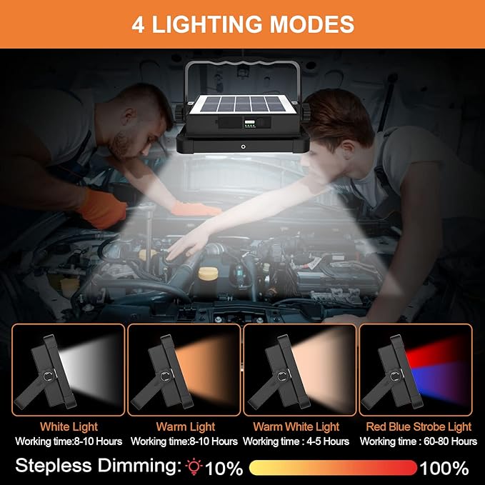 ERAY 120W Portable LED Work Light with Rechargeable Battery 15000mAh 10000 LM, Solar Camping Lights, IP66 4 Lighting Modes Worklight for Outdoor Building Emergency Car Repairing