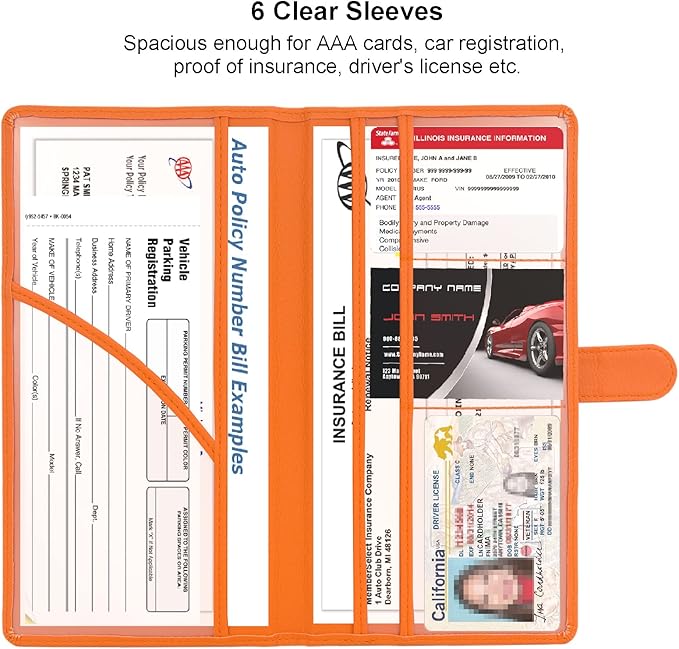 Car Registration and Insurance Holder, Leather Magnetic Shut Vehicle Glove Box Organizer for Document, Card, Driver License, Orange