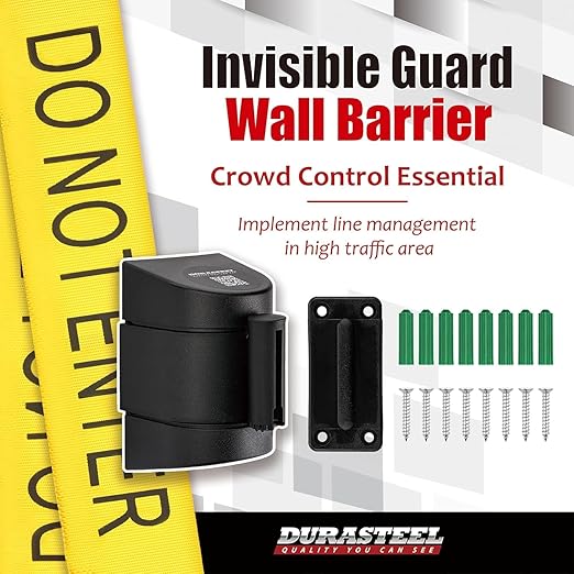 DuraSteel Wall Mount Crowd Control Retractable Belt Barrier - 9.2 Ft Yellow Do NOT Enter Retractables Barrier Belt w/Yellow ABS Casing Crowd Control Barriers Line NOT Stanchions with Retractable Belts