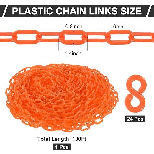 PATIKIL Plastic Chain Links, 100 Foot Safety Barrier Chain Orange for Crowd Control, Queue Line, Parking, Fence, Gate, Concert, Construction Site and Decoration