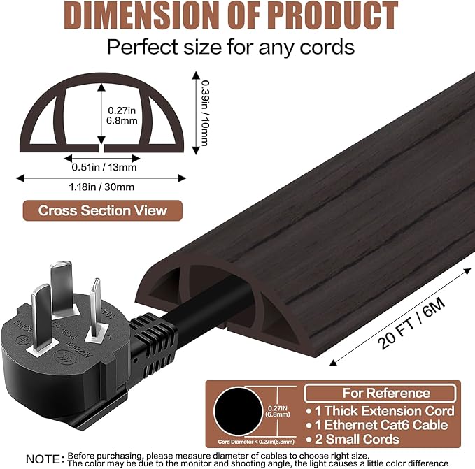 Floor Cord Cover Self Adhesive Cord Hider,20FT Cable Management, Extension Strip Protector for Wires, Prevent Cable Trips for Offices, Gyms, Exhibitions Cavity:0.39"(W) x 0.27"(H) Black Wood