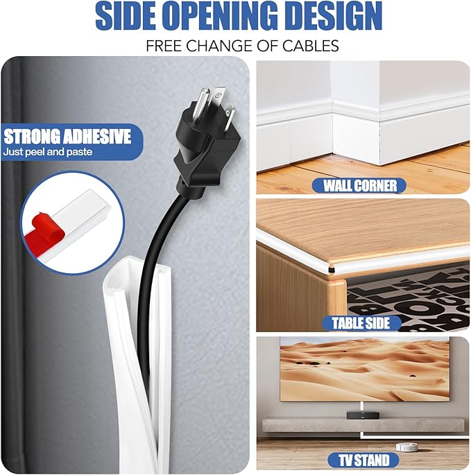 Floor Cable Cover, Low Profile Cable Hider for Wires, Self Adhesive Cord Hider for Wall, Cord Covers Wall Mounted Tv, for Offices, Gym, Exhibitions (White, 20 Feet)