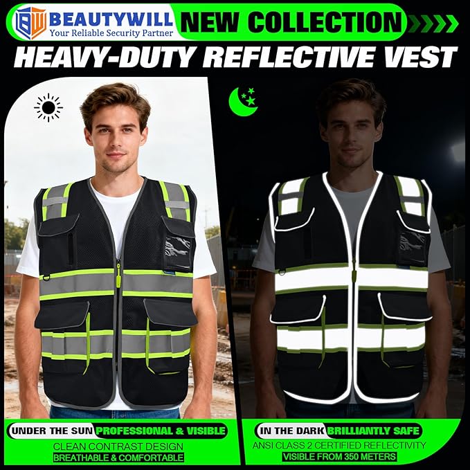 BeautyWill Safety Vest Class2 ANSI Certified Custom Logo High Visibility Reflective Vest for Men -10 Pockets Personalized Logo Heavy-Duty Work Vest（Mesh Black，4XL）