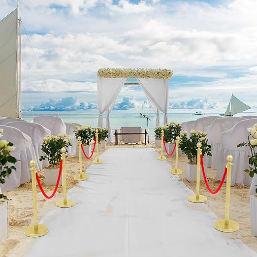 Ferraycle 4 Pcs Stainless Steel Stanchions Post Queue 38 Inch, 5 ft Velvet Carpet Ropes and Pole, Control Barriers for Wedding Birthday Party Decoration Sand Injection Hollow Base Set (Glitter Gold)