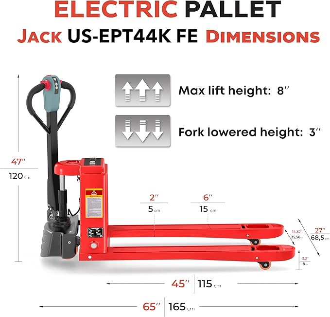 Full Electric Power Pallet Jack – Standard Duty Pallet Truck 4400 Lb Capacity, 48” L x 27” W Fork Size, Plug-in 48V/15A Lithium Battery – Max Lift Height 7.8 Inch - 2 Pack
