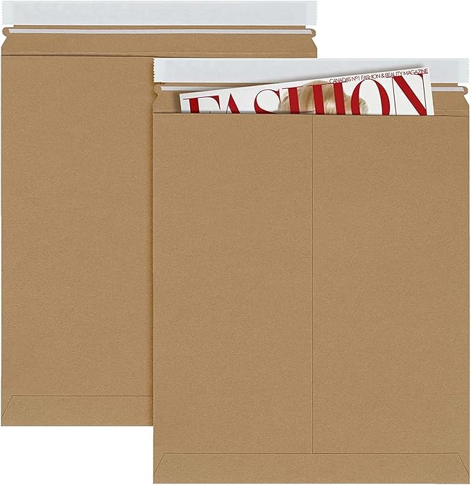 Natural Kraft Rigid Mailers, 12.75 x 15 Inches. Pack of 10 Paperboard Envelopes. Sturdy Stay Flat Mailers with Self-Seal Closure. Recyclable Hard Envelopes for Mailing. Stayflat Mailer