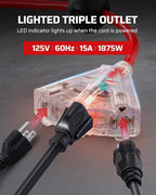 DEWENWILS Retractable Extension Cord Reel, 40 FT Heavy Duty Power Cord, 12/3C SJTOW Retractable Cord Reel, Lighted Triple Tap Outlets, 15A Circuit Breaker, Wall/Ceiling Mount, UL Listed, Red