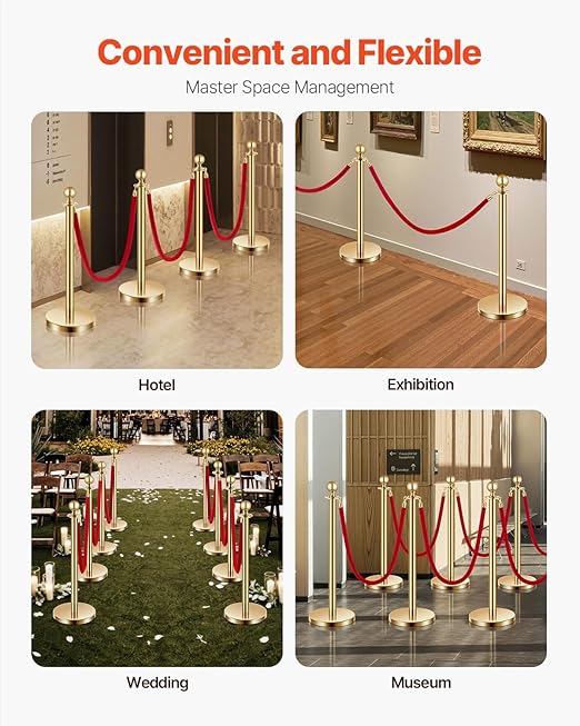 VEVOR Stanchions and Velvet Ropes 8Pcs, Hollow Base with Stainless Steel Post, 6 Red Velvet Ropes and Posts, Crowd Control Barriers Gold Stanchions, Red Carpet Runner Poles for Party Supplies