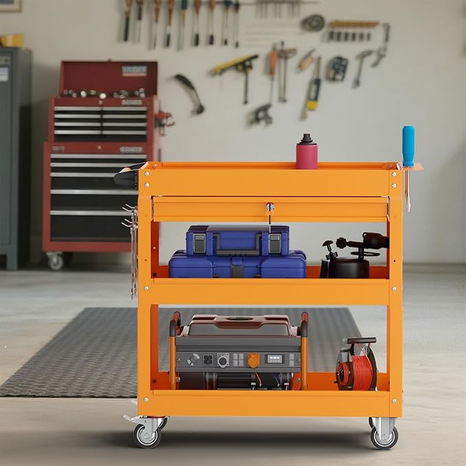 3 Tier Rolling Tool Cart on Wheels, 450 LBS Capacity Tool Cart with Drawers, Heavy Duty Rolling Utility Carts on Wheels, Rolling Tool Work Carts for Garage, Warehouse and Repair Shop,Orange