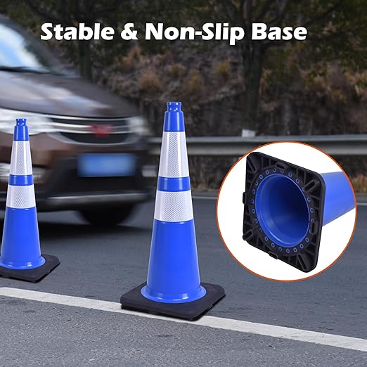 6 Pack 28 Inch Blue Reflective Traffic Cones, Durable Black Base Cones for Parking Management, Construction Sites and Outdoor Events (6, Blue, 28 Inch)
