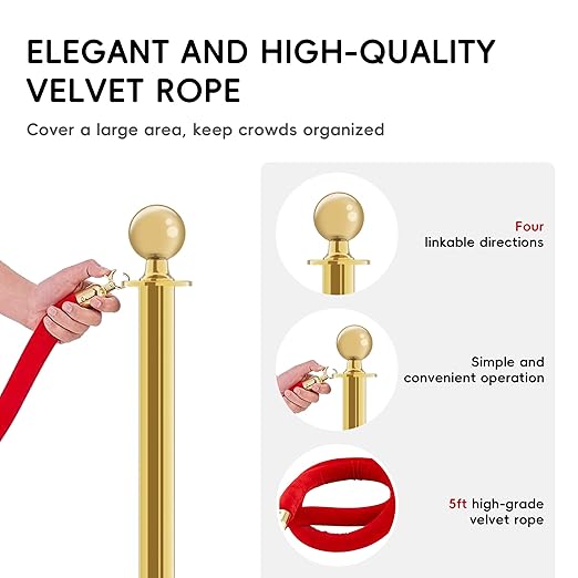 Gold Stanchions with Red Velvet Ropes - 4 Pack Stainless Steel Posts, Fillable PE Base, Crowd Control Barriers for Weddings, Events & Parties (gold-hollow-4PCS)