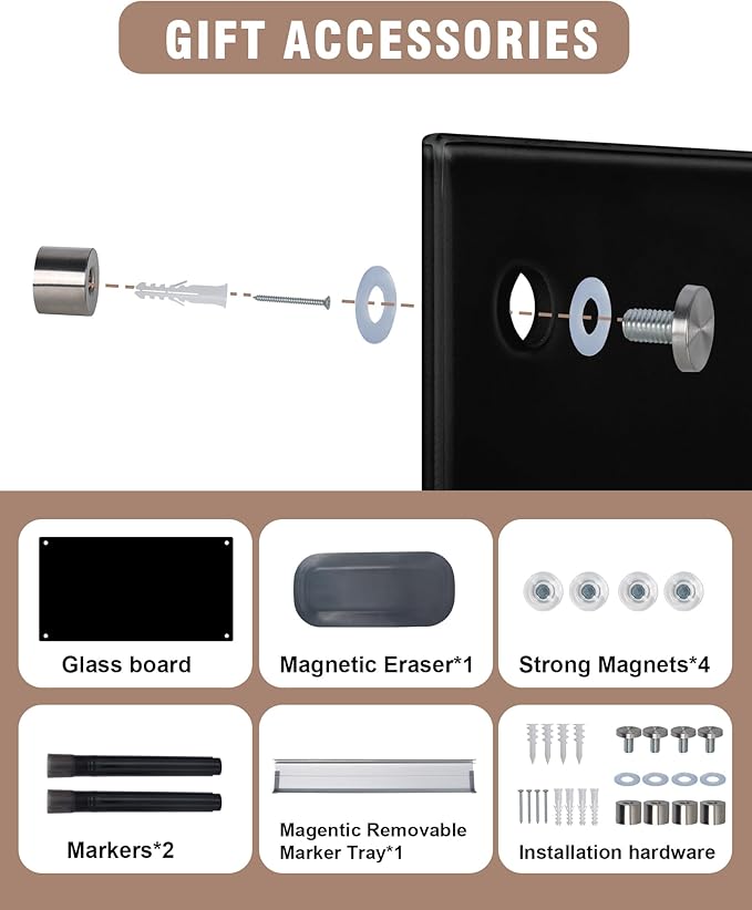 Mifuro Magnetic Glass Whiteboard，36"x24" Wall Mounted Frameless Dry Erase Board for Office, Home & School Black