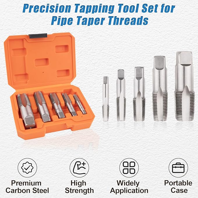 5-Piece NPT Pipe Tap Set, NPT Tap and Die Set with 1/8", 1/4", 3/8", 1/2" and 3/4" Sizes – Carbon Steel Hand Threading Tool for Plumbing, Mechanics, DIY Tasks, Delivers Clean Accurate Threads