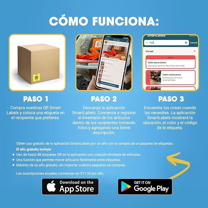SmartLabels – Etiquetas QR en Español | Paquete de 48 | Etiquetas QR Multicolor | Calcomanías con App para Inventario Fácil, Organización de Bodegas o Etiquetas de Mudanza