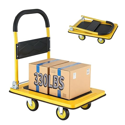 Foldable Push Cart Dolly, Heavy Duty Flat Bed Cart with Wheels & Non-Slip Mat, 360° Mute Wheels for Easy Maneuver, 330lbs, Easy to Assemble – Ideal for Household Tasks, Grocery Delivery, Yellow