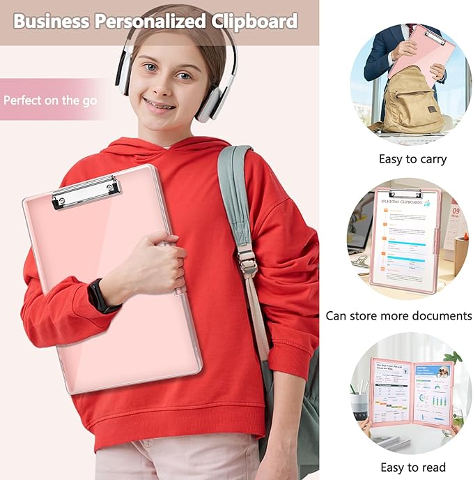 Clipboard with Storage,Heavy Duty Clip Boards 8.5x11 with 2 Storage Case,Clear Visible Top Panel Storage Clipboards,Side Opening Clip Boards,Nursing Clipboard Folder Case for Office Supplies-Pale Pink