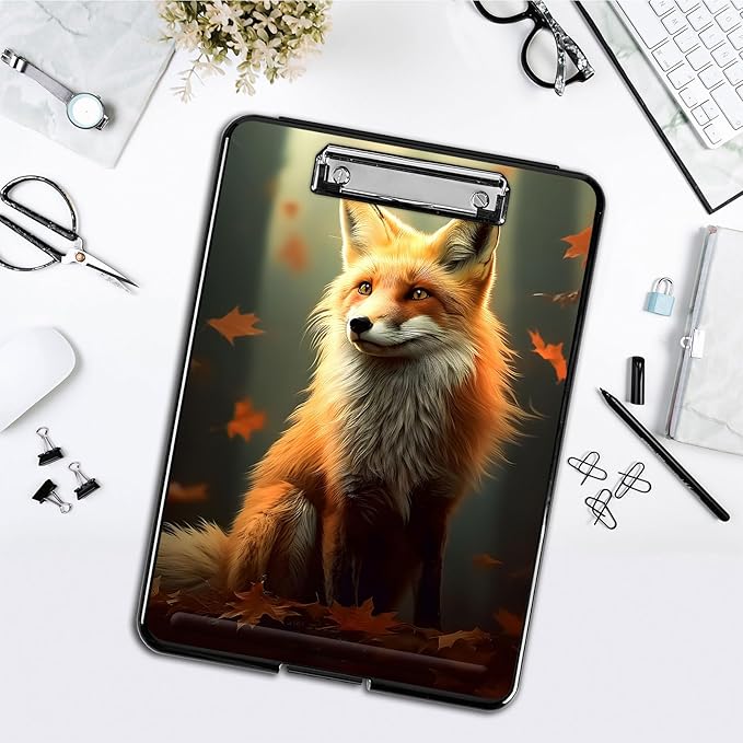 Clipboard with Storage,Office Supplies Nursing Clipboards Folder with Pen Holder Plastic Foldable Clip Board with Storage for Nurse Teacher,Maple Leaf Fox