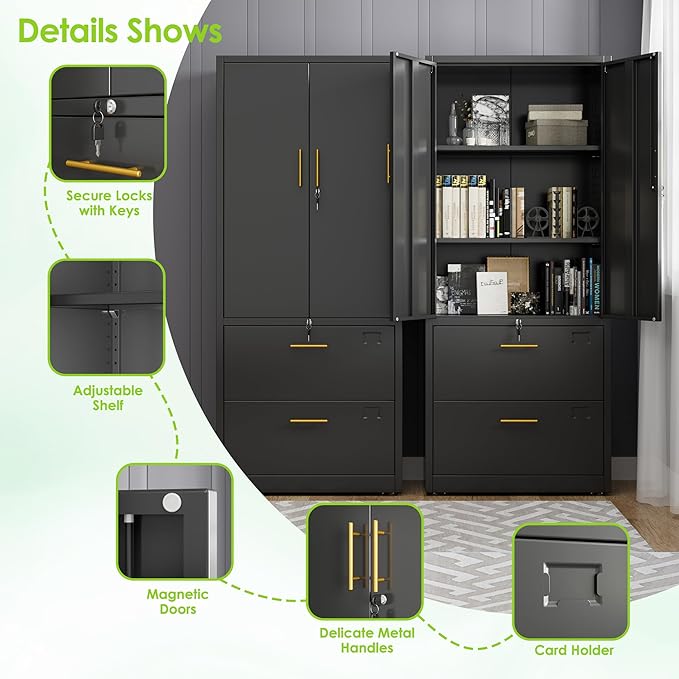 2 Drawer Lateral File Cabinet with Adjustable Shelves and Handles,Metal Filing Cabinet with Drawers and Keys for Home,Office,School,Fits A4/Letter/Legal Size Folders,Assemble Required,Black