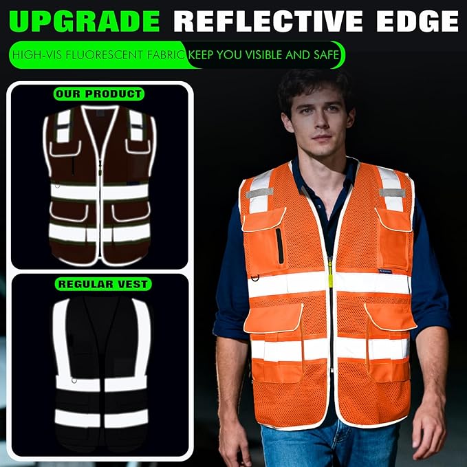 BeautyWill Custom Logo 10 Pockets Safety Vest Class2 ANSI Certified High Visibility Reflective Vest