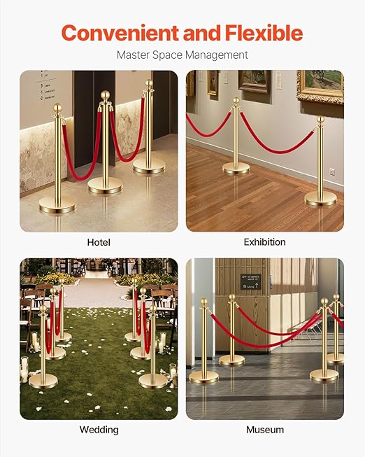 VEVOR Stanchions and Velvet Ropes 6Pcs, Hollow Base with Stainless Steel Post, 4 Red Velvet Ropes and Posts, Crowd Control Barriers Gold Stanchions, Red Carpet Runner Poles for Party Supplies