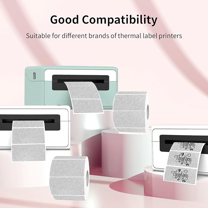 2x1 Inch Holographic Thermal Labels, Silver Glitter Thermal Printer Stickers, Waterproof Self-Adhesive Shipping Barcode Address Label Printer Sticker- 600 Labels/ 2 Rolls