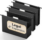 Extra Capacity Legal Size Plastic Hanging File Folders,Reinforced 4" Black Expanding Pocket Files,6 Pack Legal Hanging Folders for Filing Cabinet,Expandable Hang Folder with tabs,for School