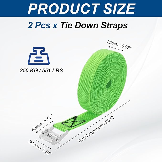 PATIKIL Lashing Straps 1" x 26 Ft, 2 Pcs Tie Down Strap Cam Buckle Adjustable Ratchet Straps 551 lbs for Cargo Trucks Motorcycle Luggage, Green