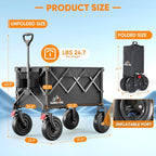 Big Rubber Wheels Beach Wagon Cart Foldable, 9x3 All-Terrain Wheels, Heavy Duty Collapsible Utility Wagon with 330lbs Capacity, Compact Storage, Easy Transport for Sand Camping Sports, Black