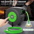 50 FT Retractable Extension Cord Reel, Heavy Duty 12AWG/3C SJTOW Power Cord, Lighted Triple Tap, 15A Circuit Breaker, Wall/Ceiling Mount Electric Cord Reel for Garage & Workshop, ETL Listed, Green