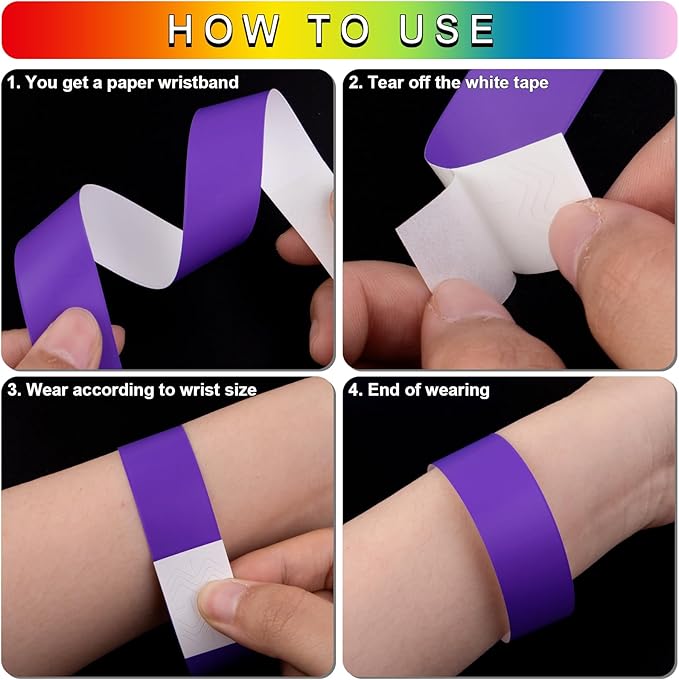1200 Pcs Plastic Paper Wristbands for Events Neon Color Wrist Bands Concert Identification Wristbands Paper Bracelets Wristbands Party Hand Bands (Purple)